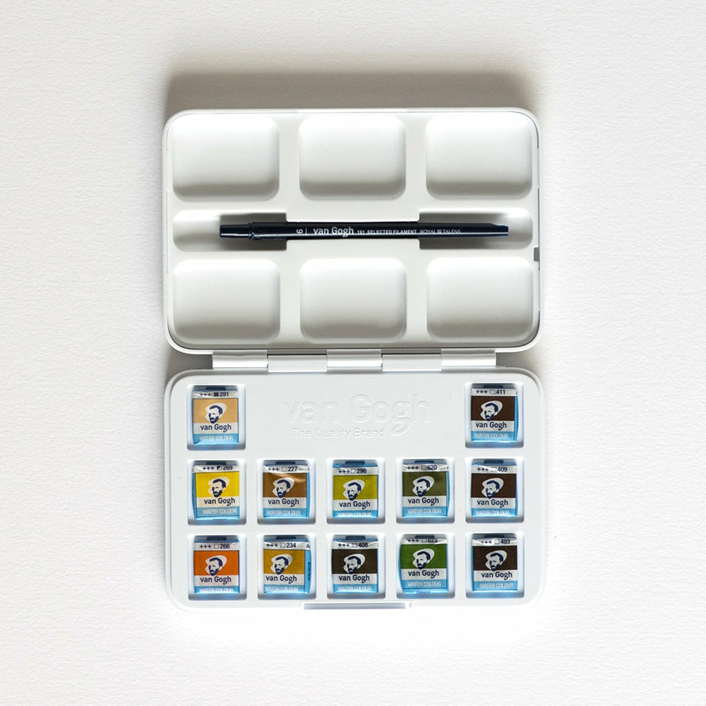 Aquarellbox 12 Halbe Näpfchen mit Pinsel Naturtöne Van Gogh